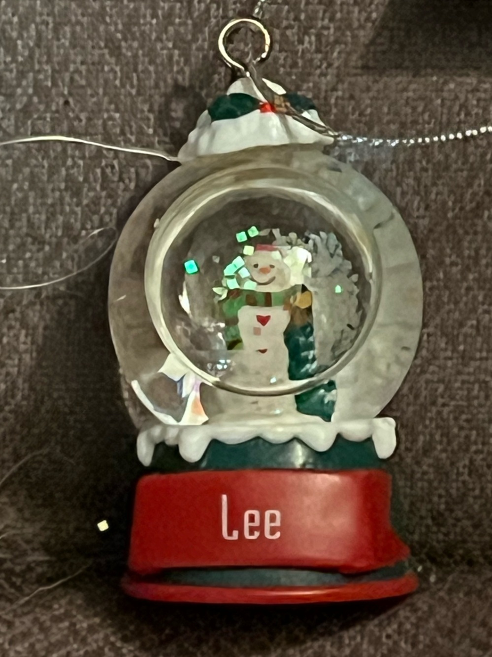 Lee Red and Green Snowman Snow Globe Ornament